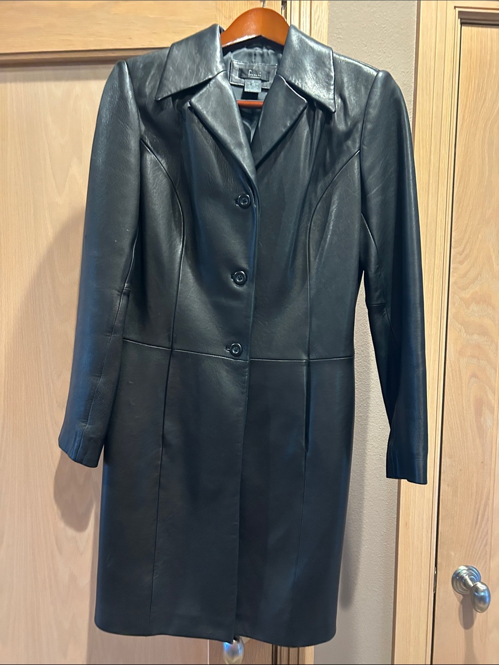 Frenchi Black Long Leather Button Coat for Women